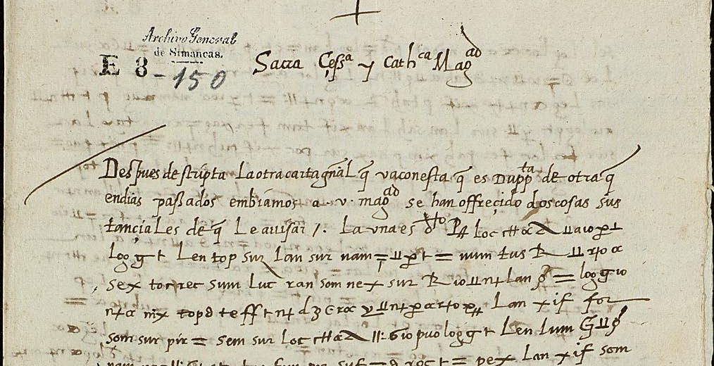 AGS Estado leg. 8 no. 150, f. 1r: the address, the clear opening and the first cipher lines