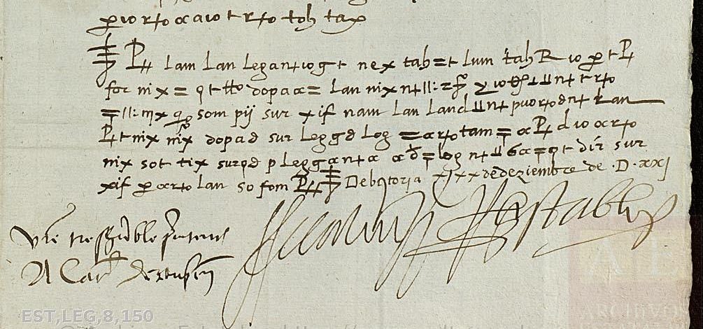 AGS Estado leg. 8 no. 150, f. 2r: the postscript in cipher, the dateline in clear and the three signatures