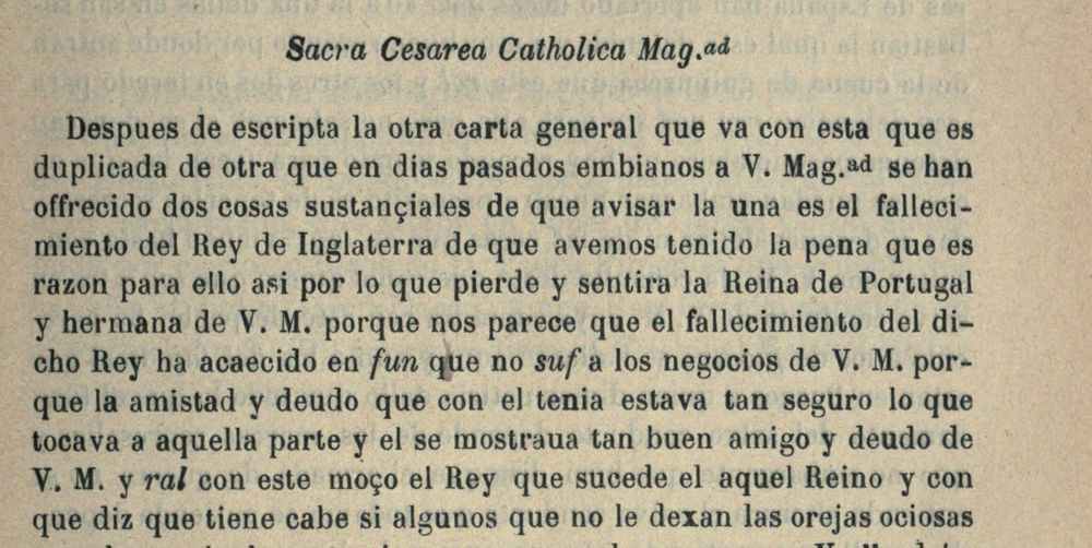 Memorial Histórico Español 38 (1899), p. 703: the start of Pérez Gredilla's decipherment, with 'el fallecimiento del Rey de Inglaterra' and the unread groups fun, suf and ral in italics
