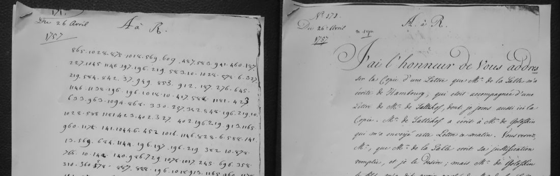 Cipher letter no. 171 of 26 April 1757 beside Lyonet's clear copy of the same letter