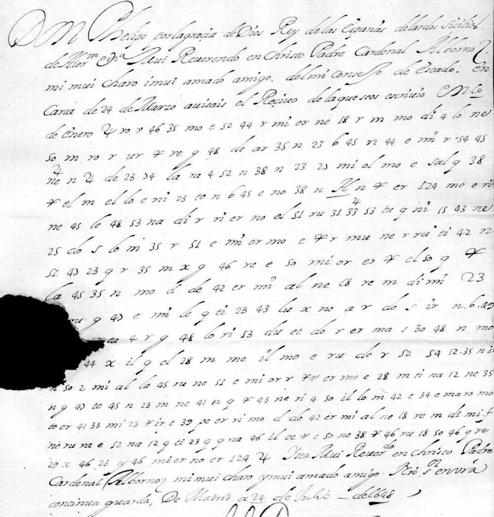 Copy B of the letter: five lines of clear Spanish (Don Phelipe por la gracia de Dios, the cardinal's titles, En carta de 24 de Marzo), sixteen lines of syllables and numbers, and the clear closing lines down to De Madrid a 24 de Julio de 1648; a dark patch at the left edge covers the start of a few lines