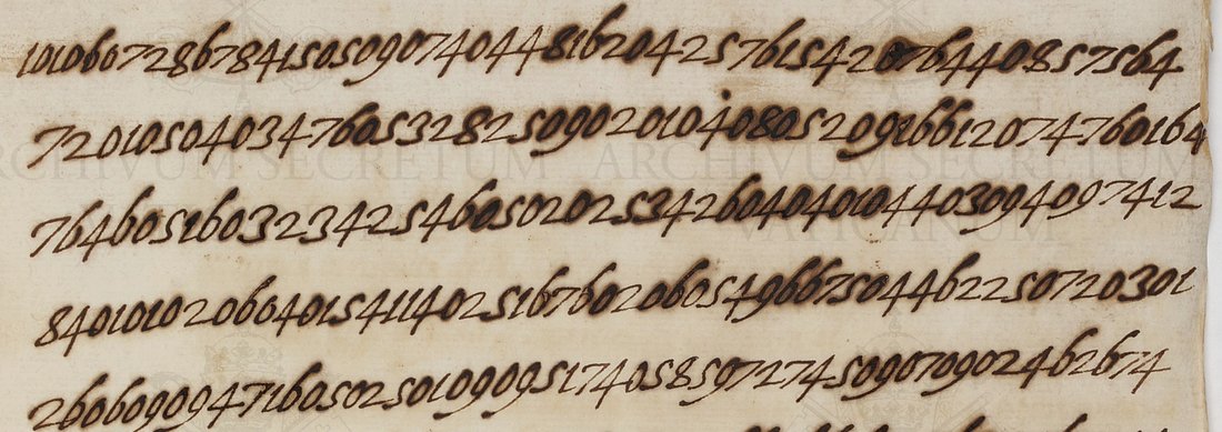 Five lines of unbroken digits written in a heavy brown hand