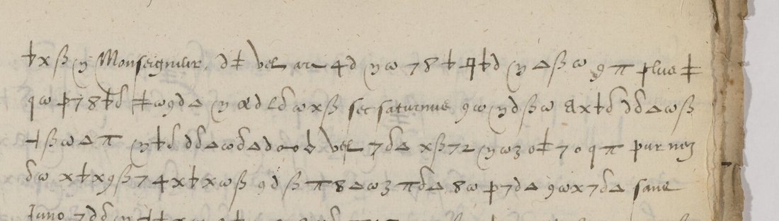 Five lines of symbol cipher with the words Monseigneur, saturnus and Juno written in plain letters among the signs