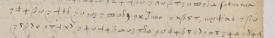 Three lines of symbol cipher with the plain-letter words saturnus and Juno