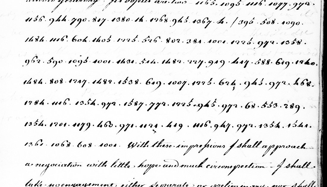 Seven lines of code numbers separated by points, with a clerk's faint pencil decode between the lines, followed by clear lines beginning With these impressions I shall approach a negociation.