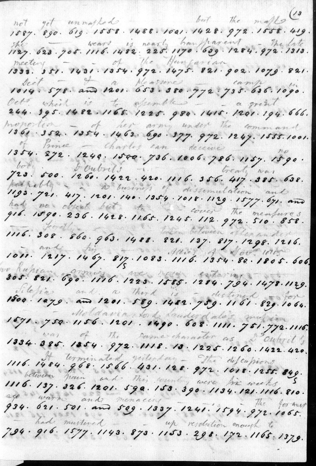 Roll 13, frame 0200: coded despatch with pencil decode above every group