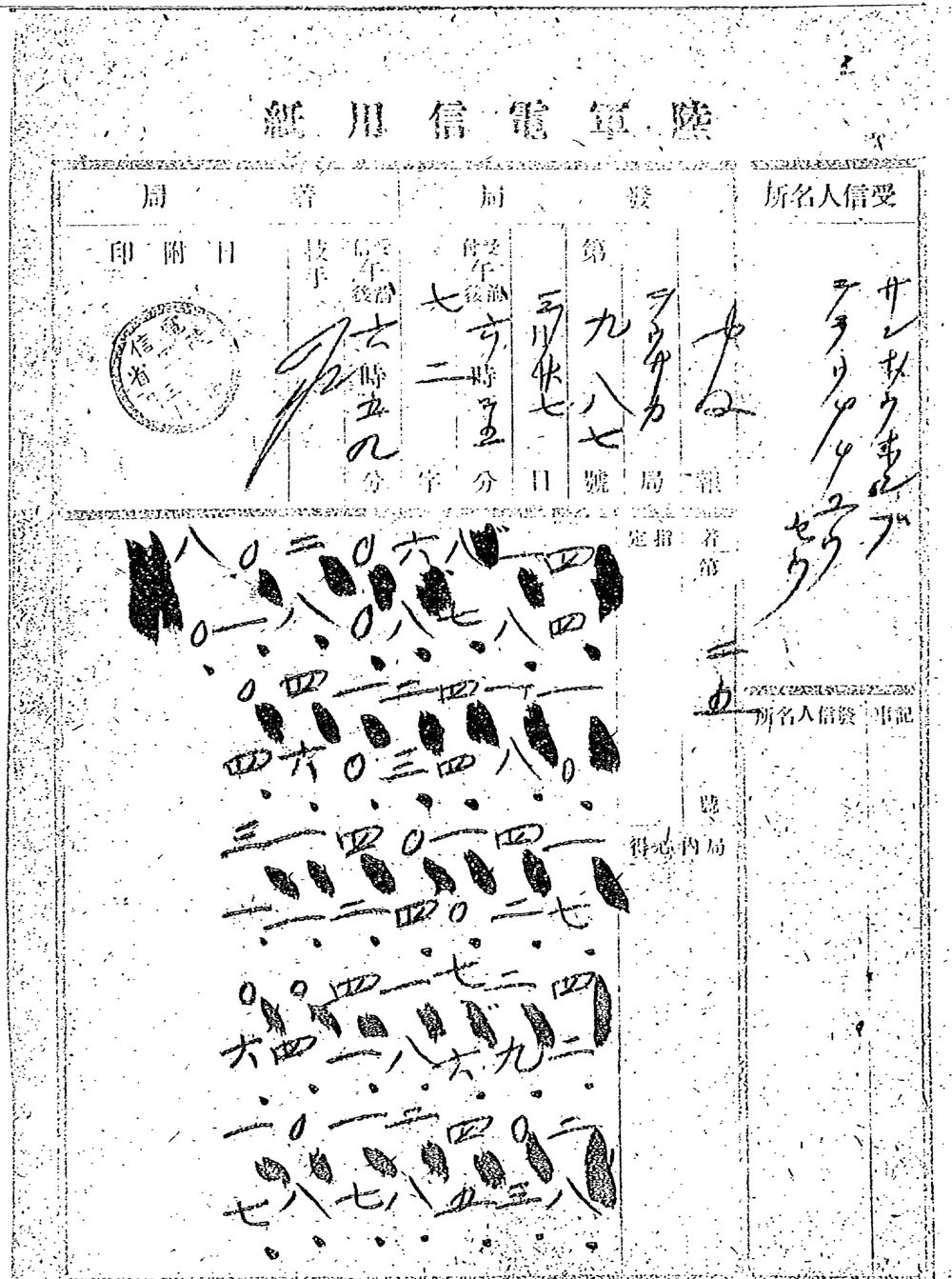 Army telegraph form of 27 March 1902 from Osaka, with seven columns of kanji numerals separated by black marks
