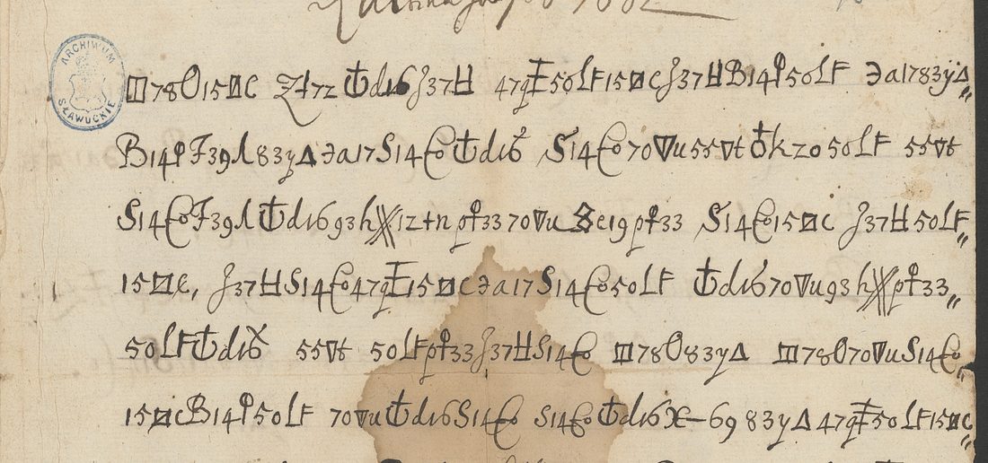 The head of the front: the date in clear, then the first lines of cipher, each letter a compact group of strokes with digits, letters, a square or a triangle, in dark ink on pale paper, with a round Sanguszko archive stamp at the upper left