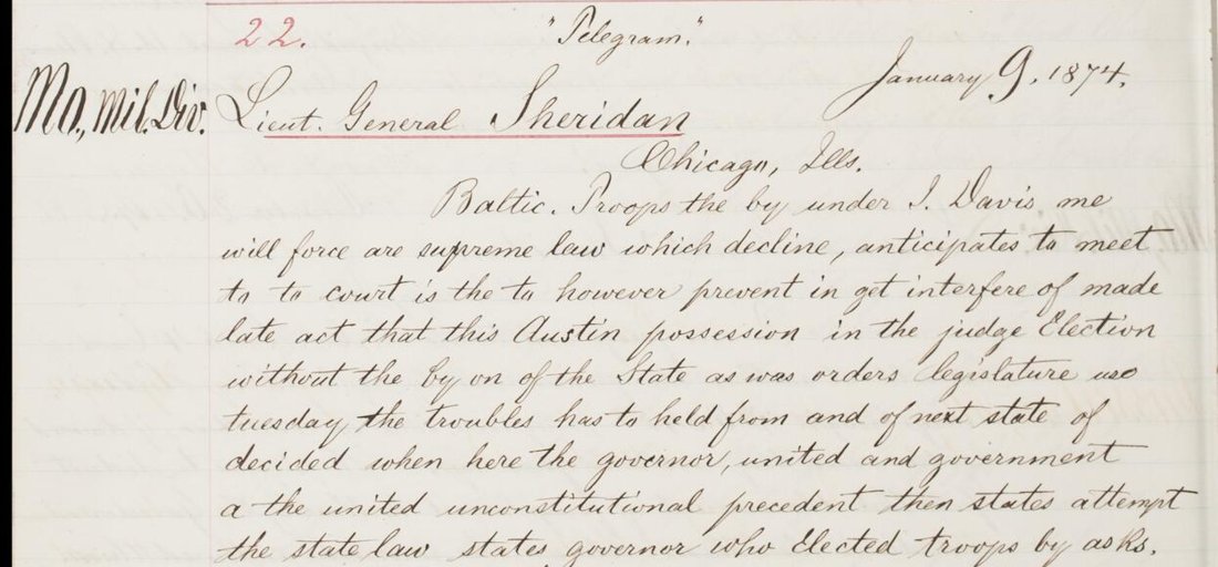 Letter-book page with the telegram to Lieutenant General Sheridan of 9 January 1874, beginning Baltic