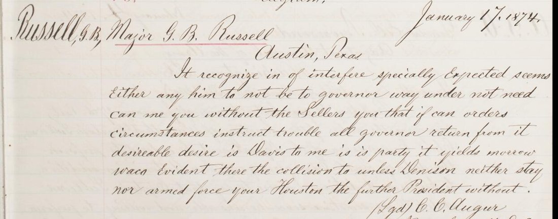 Letter-book page with a telegram to Major G. B. Russell, Austin, 17 January 1874, written as scrambled English words