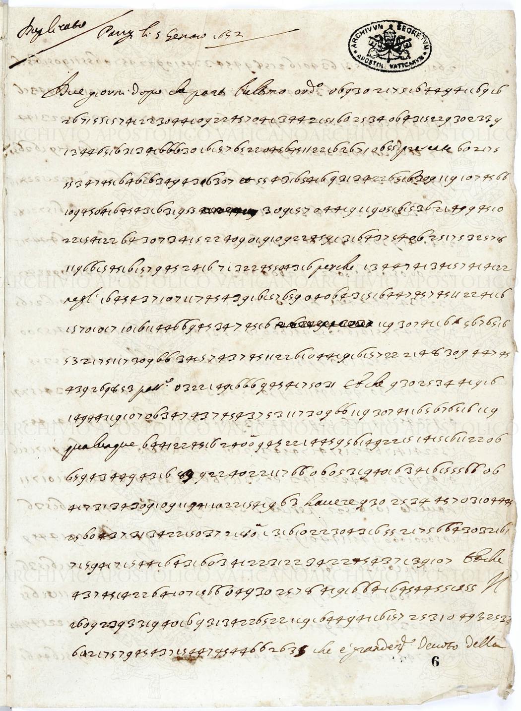 First page of Guidi di Bagno's ciphered despatch, with long rows of figures and occasional Italian words