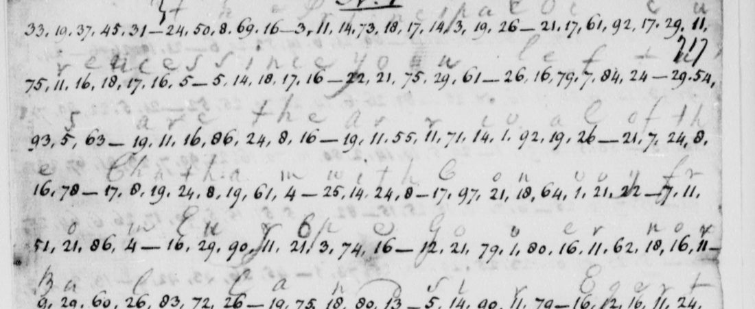 Lines of comma-separated numbers with lighter letters written above them