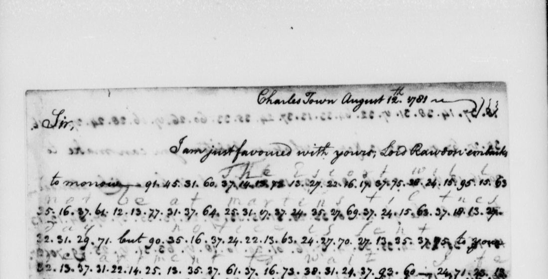 A letter headed Charles Town August 12th 1781, clear lines and dotted number lines with words written over them