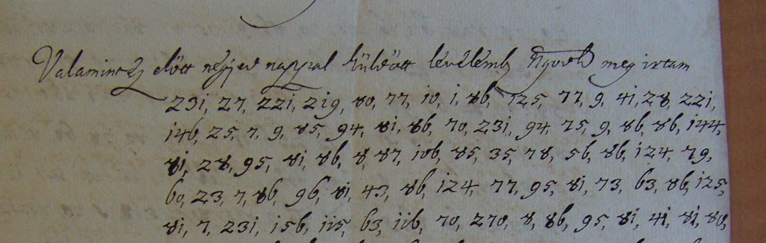 Opening lines of the letter: clear Hungarian salutation and first line, then rows of comma-separated cipher numbers