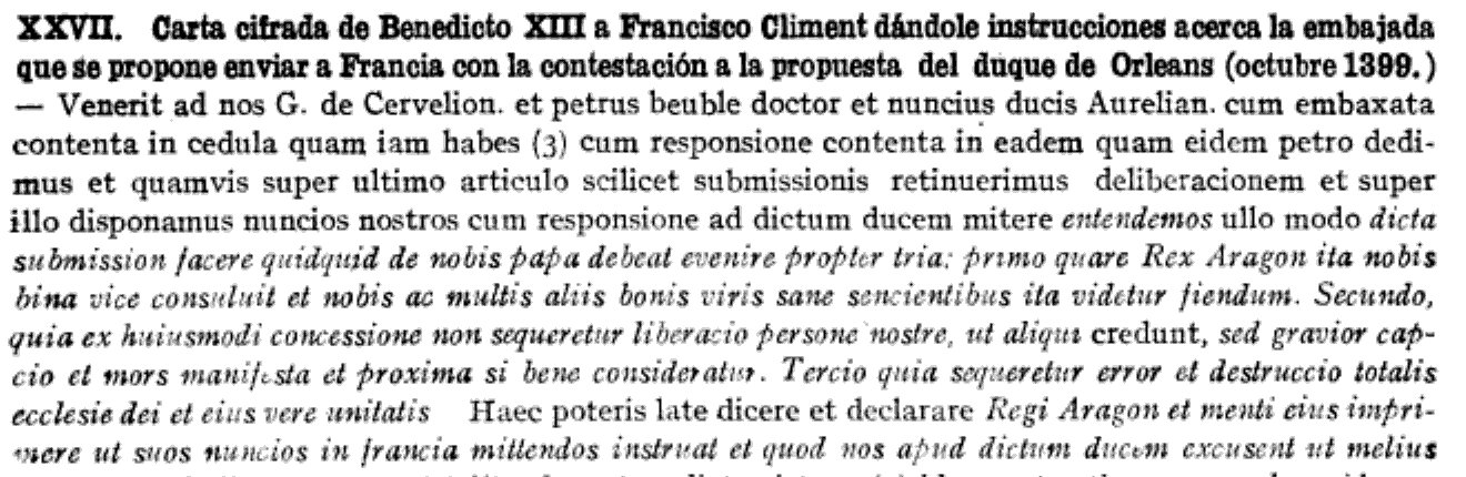 Printed Latin text of letter XXVII with long passages in italics: entendemos ullo modo dicta submission facere quidquid de nobis papa debeat evenire propter tria
