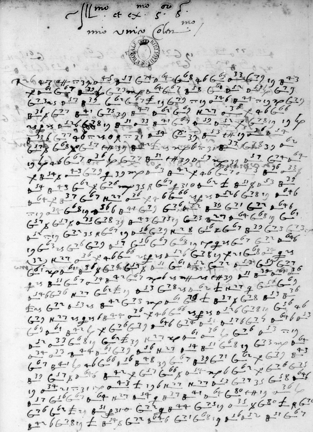 A page of thirty lines of cipher: barred letters G and B with two-digit numbers above them, bare numbers and small signs, with a clear heading at the top