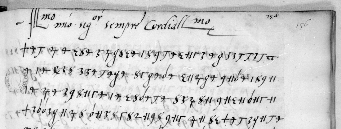 The head of f. 156r: the clear salutation and the first lines of invented signs