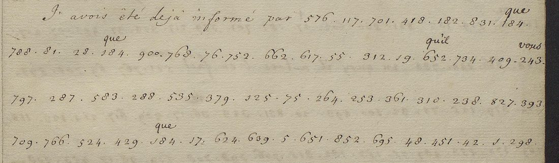 Four lines of the letter of 7 February 1719: J'avois été deja informé par, then figure groups with que, quil and vous written above some of them
