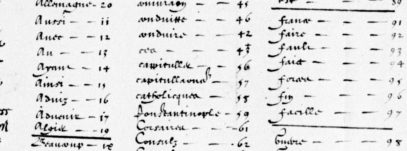 BnF fr. 3462 f. 103: nomenclator columns with aussi 11, avec 12, capitullations 57, Constantinople 59, corsaires 61, faire 92, fault 93