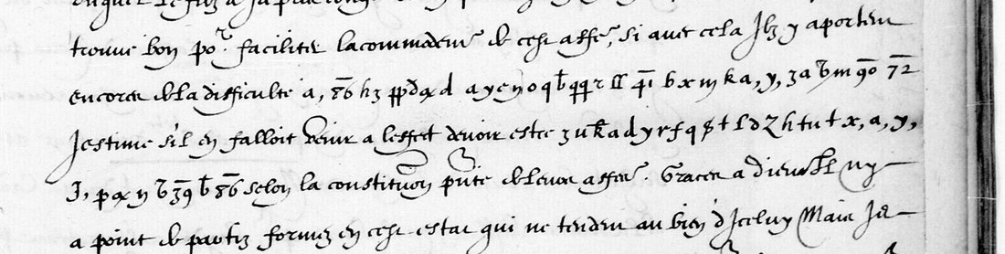 BnF fr. 3789 f. 17r, lines 21 to 24: two cipher passages in the clear French