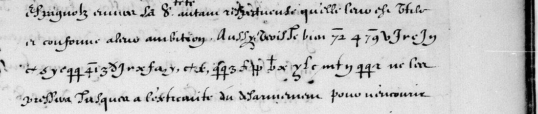 BnF fr. 3789 f. 19r, lines 4 to 7: clear French with two lines of cipher signs and barred numbers after 'Aussi vois-je bien'