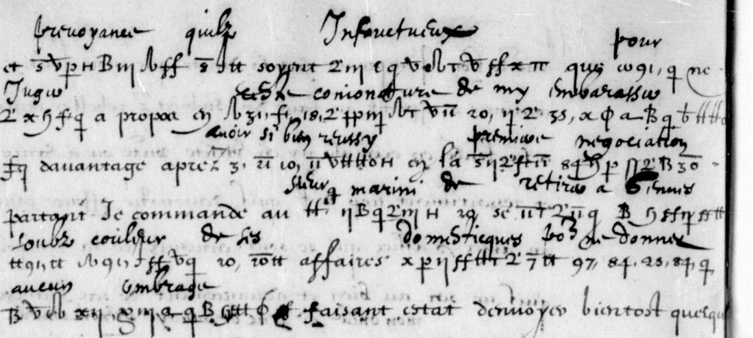 A page of French handwriting in which runs of cipher signs and numbers alternate with clear words; smaller words are written above most cipher runs