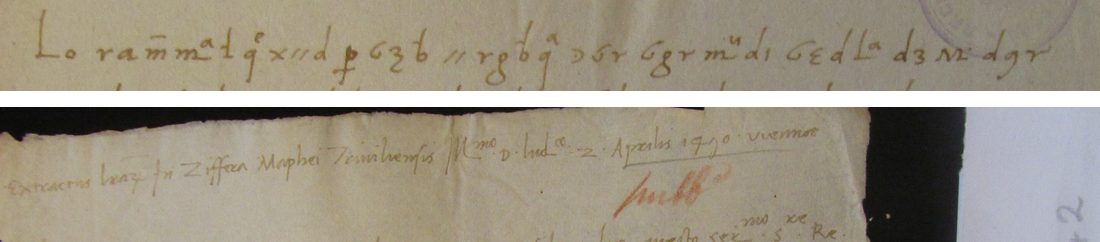 Above, a line of cipher signs from the letter of 2 April 1490; below, the same passage in the contemporary clear copy.