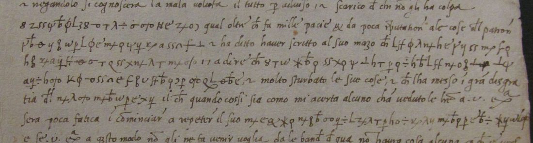 Lines of a clear Italian letter with runs of invented cipher signs set inside the sentences