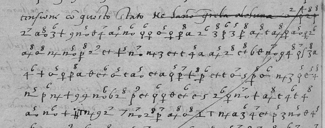 The cipher on f. 110v, with superscript digits over the signs