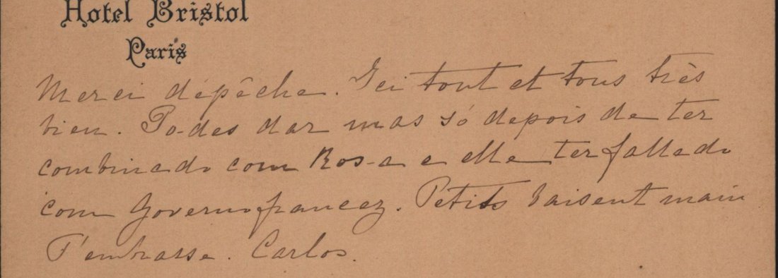 A Hotel Bristol Paris card with five handwritten lines in French and Portuguese