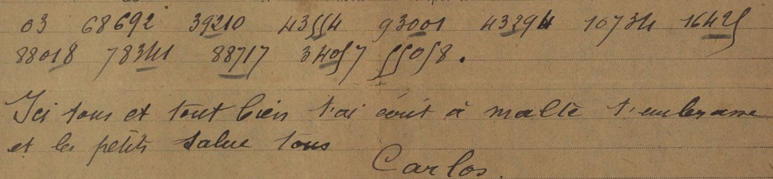 Two handwritten lines of five-figure groups on a French telegram form, with the decode in French written below them and signed Carlos