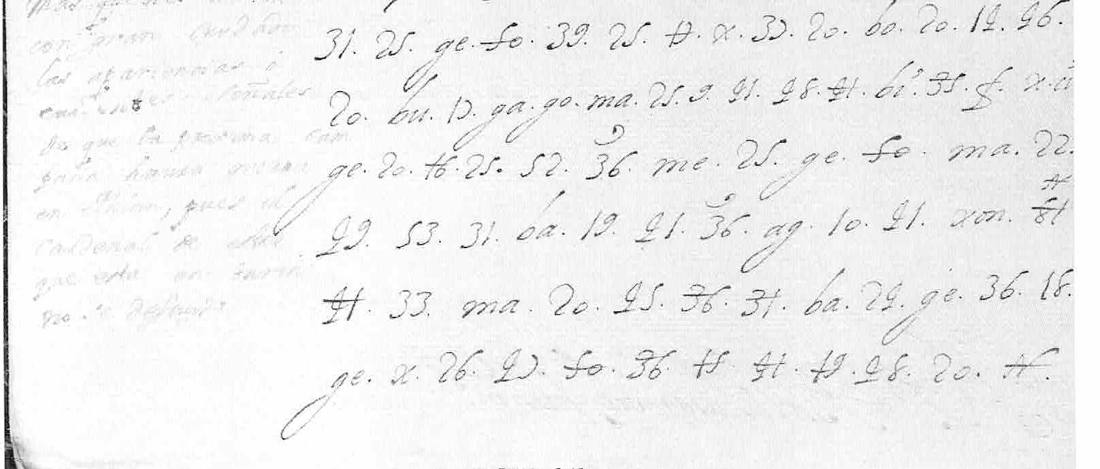 Carpio's letter of 20 November 1677, cipher lines with a faint marginal decipherment on the left