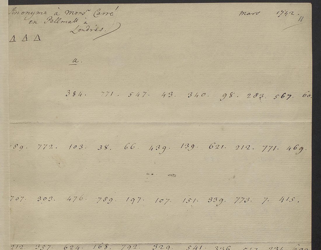 Heading 'Anonyme a Monsr Carre en Pellmall a Londres', 'Mars 1742', three triangles, sheet letter a, and lines of dotted numbers beginning 384. 771. 547. 43. 340