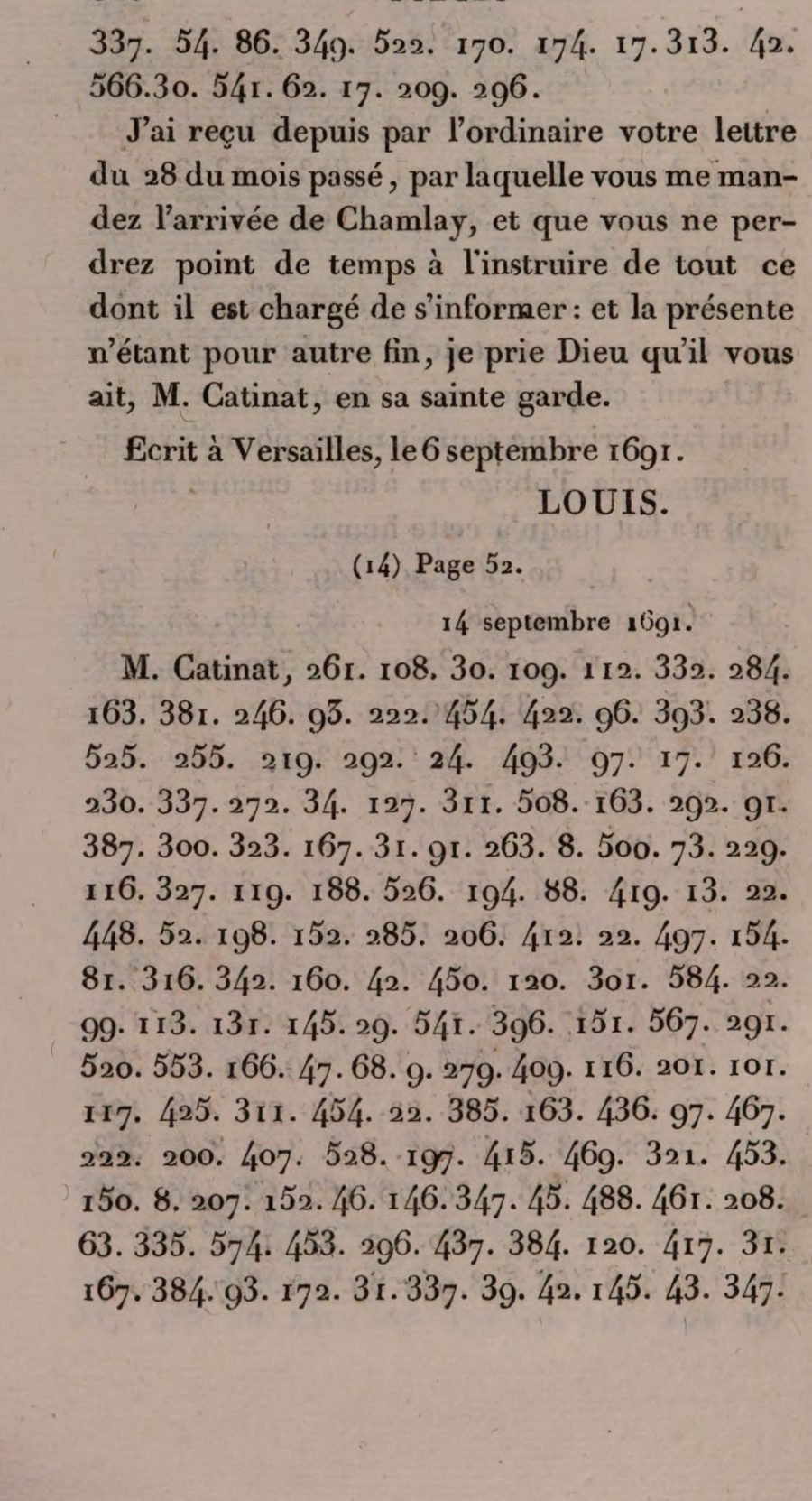 Mémoires de Catinat, 1819, vol. II p. 320: the start of Louis XIV's ciphered letter of 14 September 1691