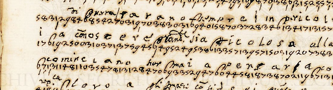 Lines of small digits with a contemporary Italian decipherment written in larger letters between them