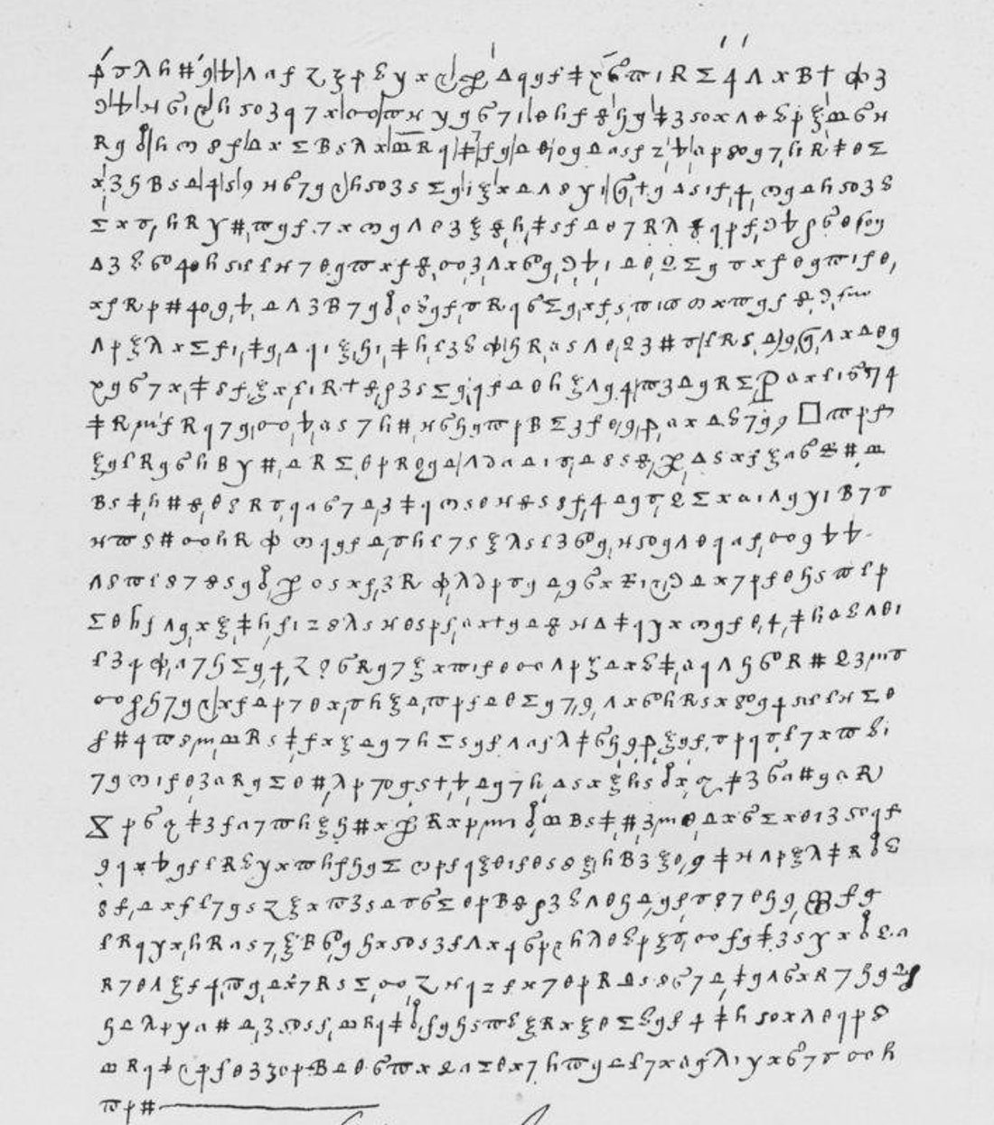 First page of Charles IX's ciphered letter to Philibert du Croc, filled with lines of graphic symbols