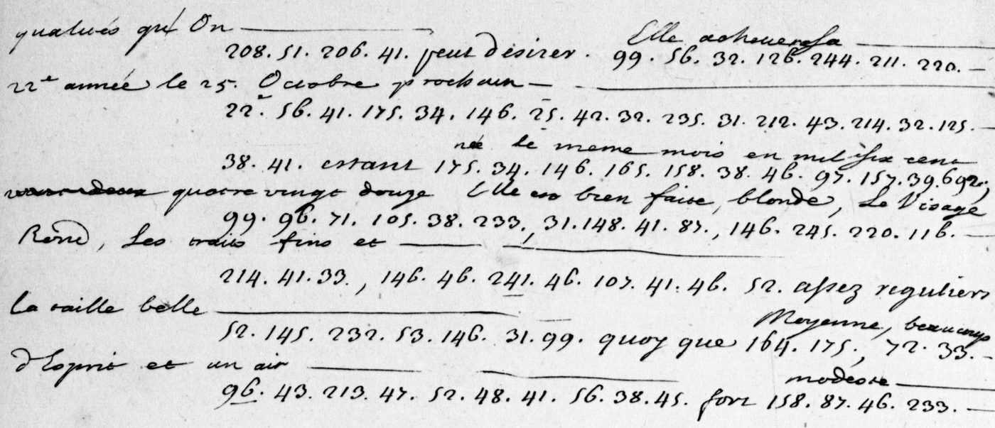 Manuscript lines with the cipher, from George Lasry&rsquo;s report