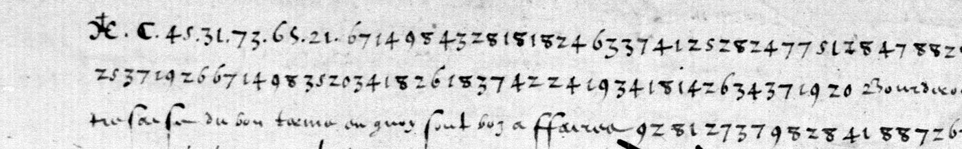 BnF Clairambault 357 f. 167r, the first three lines: the cross and C, dotted figure groups, the continuous stream of two-digit figures, and clear words