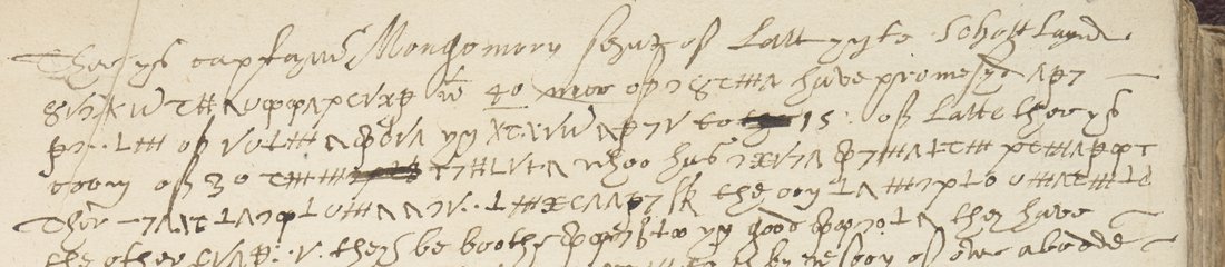 Handwritten English letter whose lines are mostly runs of cipher signs mixed with clear words