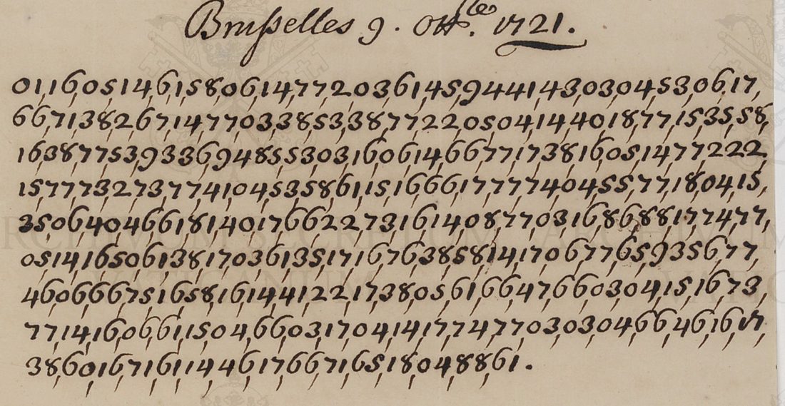 A small leaf headed 'Brusselles 9 ott.re 1721' above nine lines of figures separated by commas