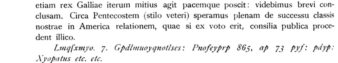 Patera 1892 p. 178: the end of the quoted English news and the italic cipher passage Lmqfxmyo. 7. Gpdlmuoyqnotlses: Pnofeyprp 865, ap 73 pyf: pdyp: Xyopatus etc. etc.