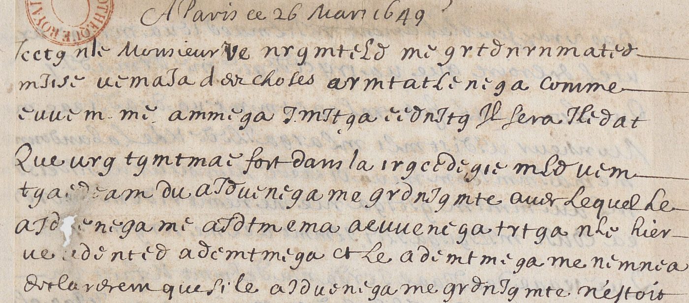 BnF fr. 3854 f. 113r, the head of no. 41: A Paris ce 26 Mars 1649, and the first lines of the letter cipher mixed with clear words such as Monsieur, choses, comme, Il sera