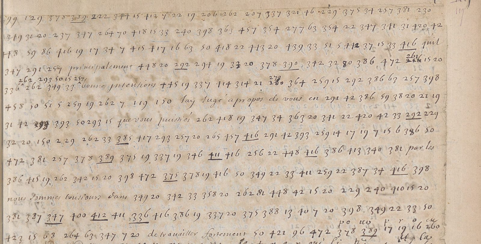 BnF fr. 3854 f. 117r, the first thirteen lines of no. 43: rows of numbers with clear words (quil, principalement, bonnes intentions, jay jugé apropos de vous en, que vous puissies, par les, nous sommes tousiours dans), and the first interlinear gloss po ur p r o cu at the foot