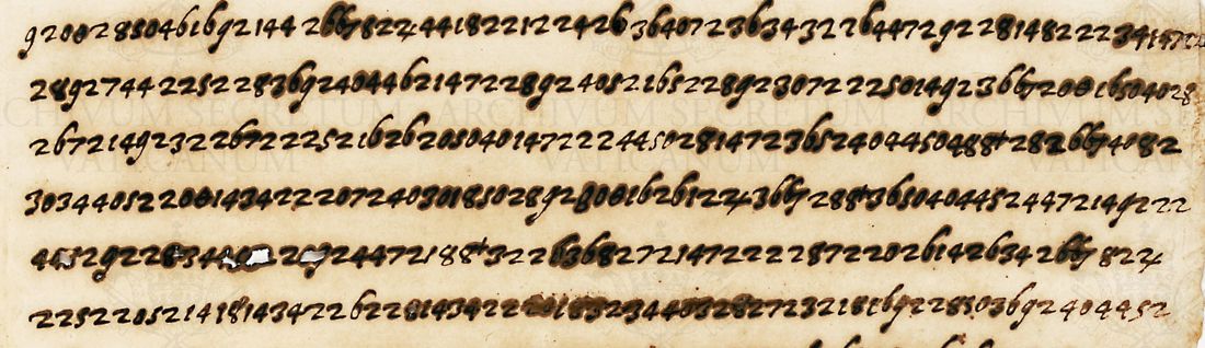 Six lines of closely written two- and three-digit figures