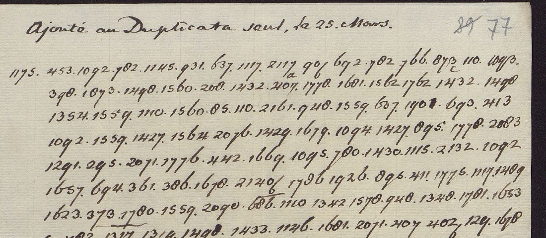 The cipher addition of 25 March 1789: a clear heading and lines of dotted number groups