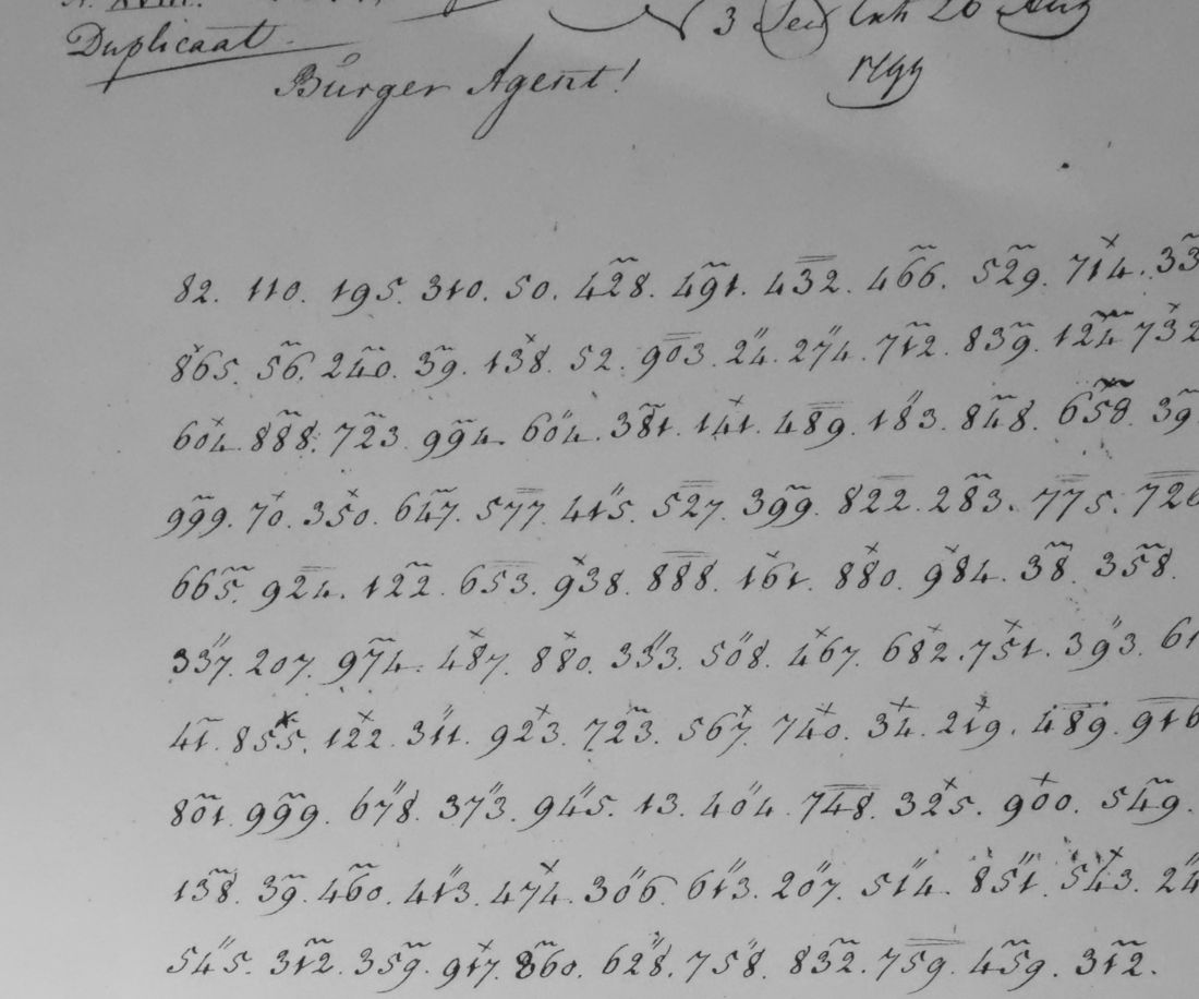 Heading XVIII Duplicaat, Burger Agent, dated 26 August 1799, then rows of two- and three-digit groups with marks above many of them