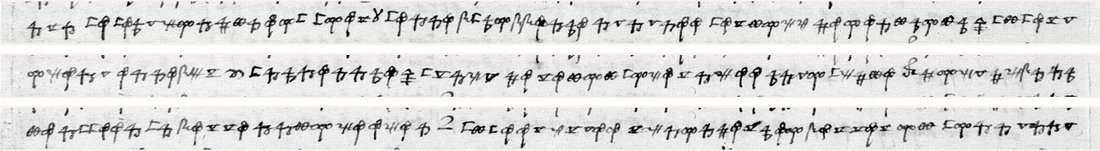 Three lines of the League cipher from f. 186r; in the third line the figure 2, the sign for pour
