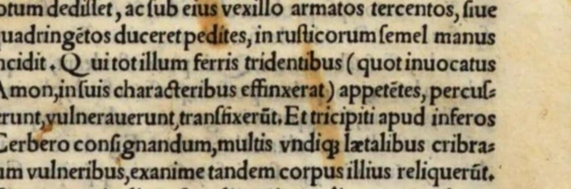 Lines of f. 213r with the sentence Qui tot illum ferris tridentibus, quot invocatus Amon in suis characteribus effinxerat