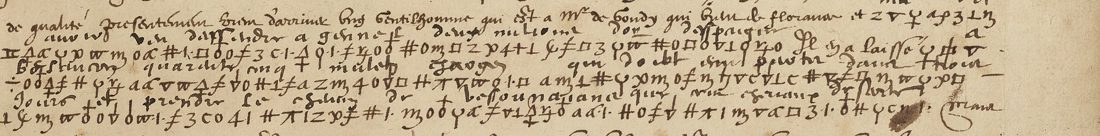 BnF fr. 3621 f. 128r: 암호 3행 반, 각 행 위에 해독이 적혀 있다