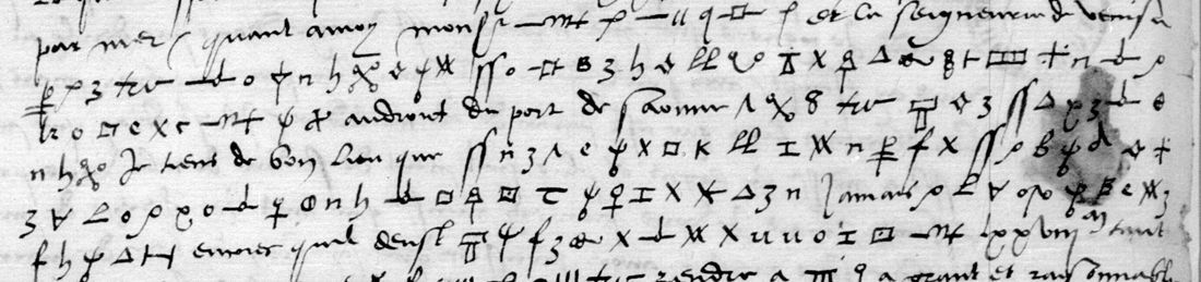 Five lines of French handwriting in which clear words alternate with runs of drawn cipher signs